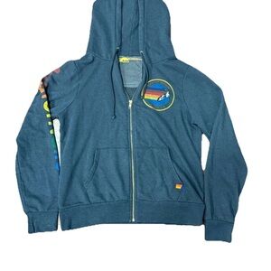 Aviator Nation Blue Hoodie with Rainbow Accents